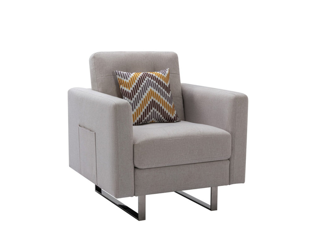 English Elm Victoria Tufted Linen Accent Armchair with Silver Legs Side Pockets and Throw Pillow B06177997
