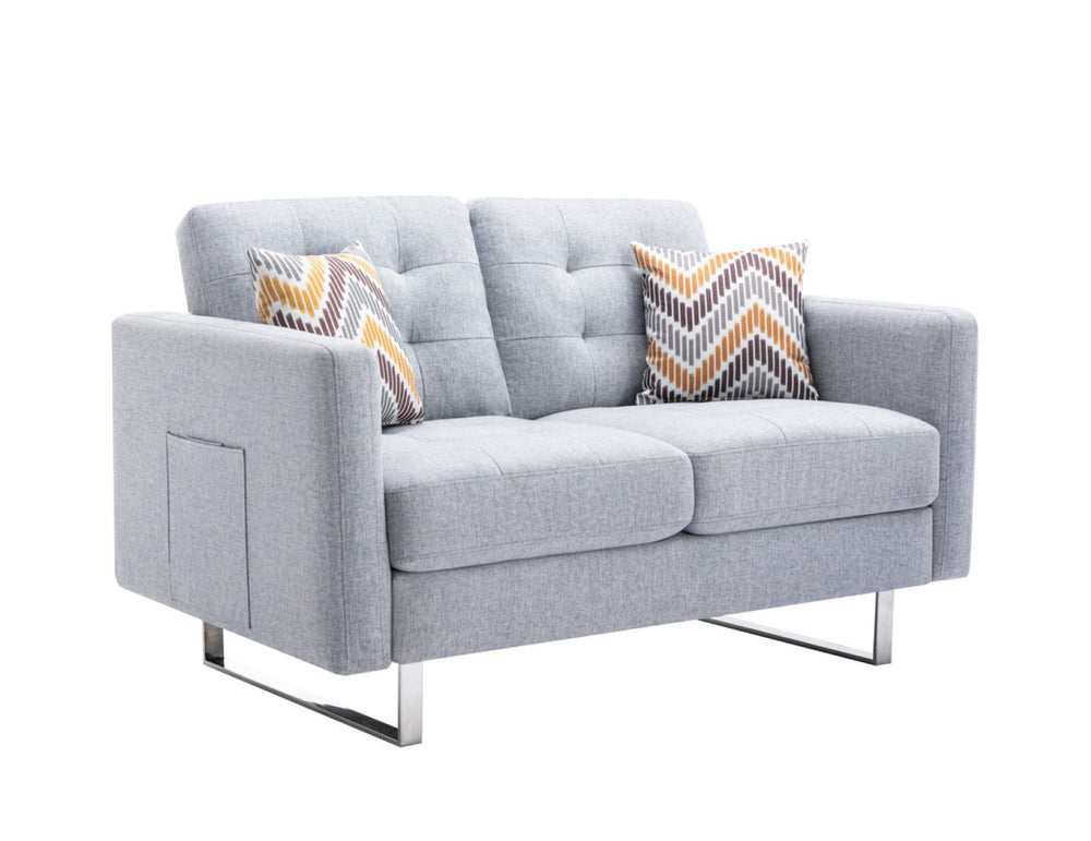 English Elm Victoria Tufted Linen Loveseat with Metal Legs Side Pockets and Throw Pillows Included B06178453