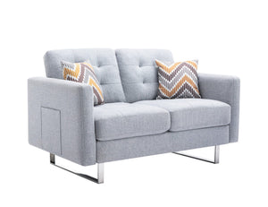 English Elm Victoria Tufted Linen Loveseat with Metal Legs Side Pockets and Throw Pillows Included B06178453