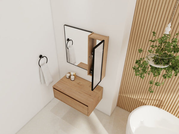 English Elm 30'' Wall Mounted Mirror Cabinet Black Aluminum Acrylic Door Floating Bathroom Storage W999S00538