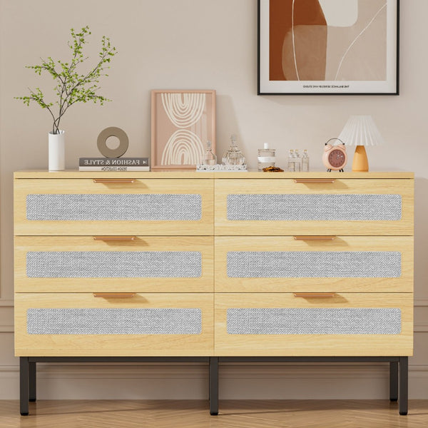 English Elm 6 Drawer Oak Dresser with Linen Fronts and Metal Legs for Modern Bedroom Storage T3773P422847