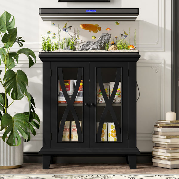 English Elm 20 Gallon Fish Tank Stand with Built-In Power Outlets & USB, Farmhouse Style Aquarium Cabinet with Adjustable Shelves and Heavy-Duty 298lb Tabletop Capacity Black N704P350196B