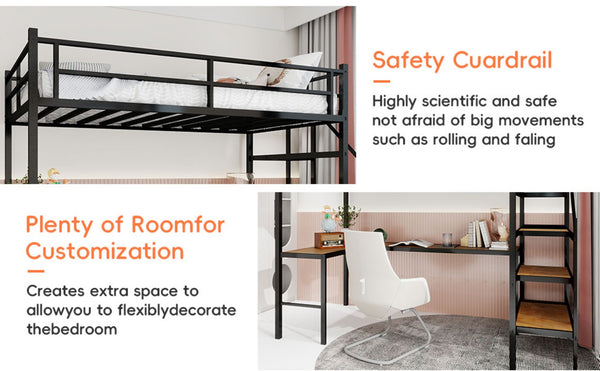 English Elm Loft Bed with L-shaped Desk Stair Storage and Full Guardrail Iron Frame Black W1935S00007