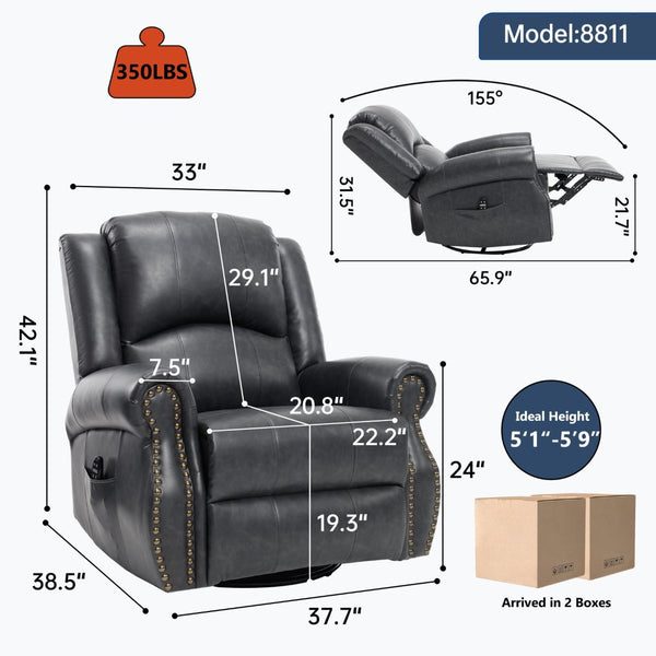 English Elm Heat Massage Rocker Swivel Recliner Chair with Lumbar Relief Nodes for Living Room Grey W3224S00030