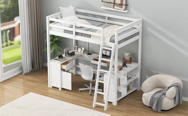 English Elm Full Loft Bed with U-Shaped Workstation, Built-In Drawers, Shelves & Cabinet for Space Saving White GX001039AAK