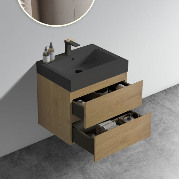 English Elm U090-Alice24W-106 Natural Oak 24" Wall-Mounted Bathroom Vanity with Black One-Piece Basin, Soft-Close Drawers, Eco-Friendly Construction W1865S00043