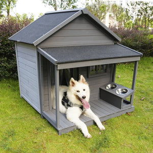 English Elm Large Breed Outdoor Doghouse Solid Fir Wood Covered Porch Weatherproof Asphalt Roof W1431S00005
