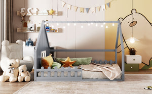 English Elm Full House Bed Frame with Window & Fence Playhouse Design, Sturdy Pine/MDF, Safe 400lb Capacity Gray N709P215545E