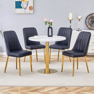 English Elm Table Set: 31.5-Inch Elegant White Marble Round Dining Table With 4 Black Pu Chairs For Chic Dining W1151S02497-GIGA