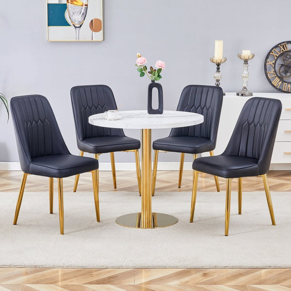 English Elm Table Set: 31.5-Inch Elegant White Marble Round Dining Table With 4 Black Pu Chairs For Chic Dining W1151S02497-GIGA