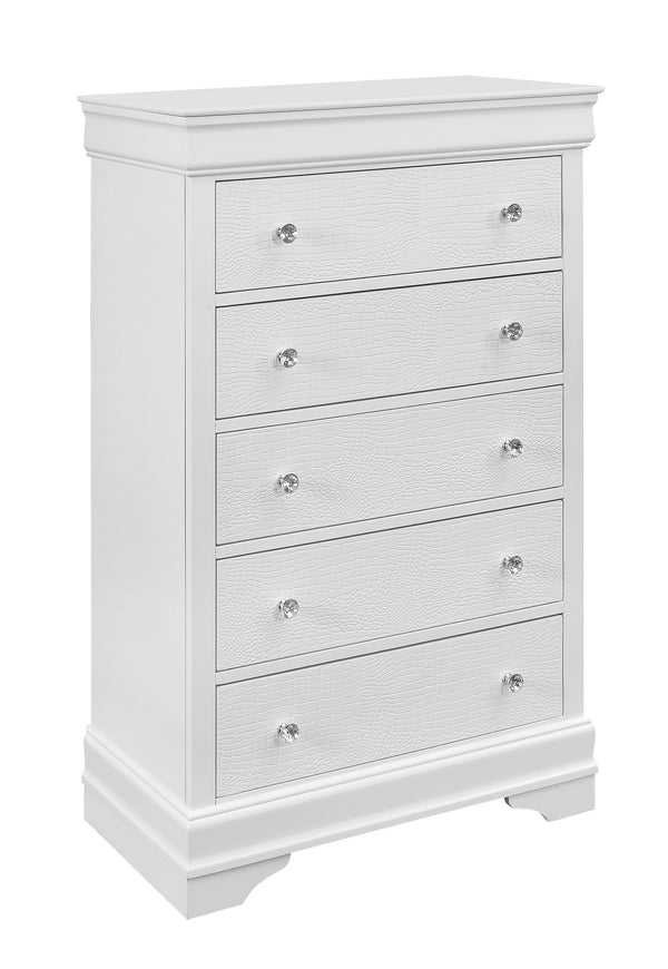 English Elm SHAKER Crocodile Textured Chest with Crystal Hardware, Solid Wood & MDF, Contemporary Tapered Legs White 34.45 L x 18.9 W x 51.57 H B201P215904
