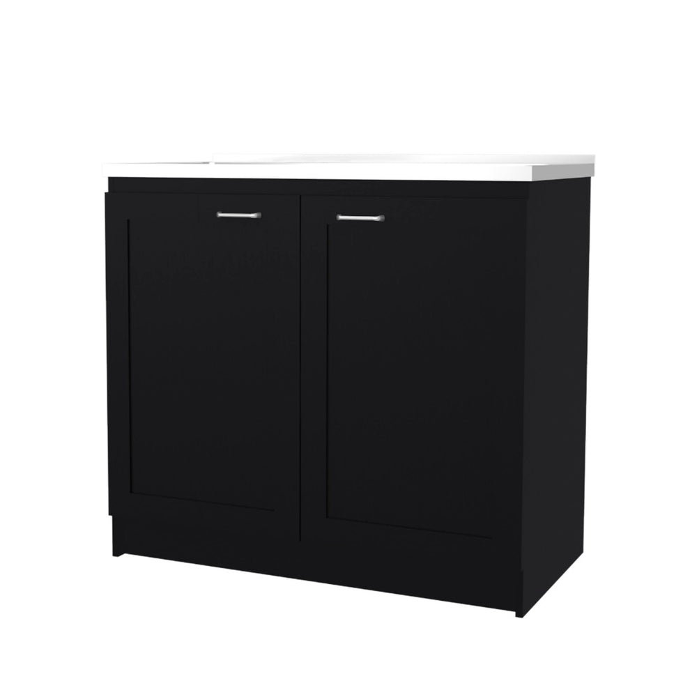 English Elm Fm Furniture Haivana Matte Black Utility Sink Cabinet with Double Doors and Storage Shelf B128S00053