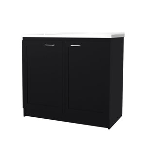 English Elm Fm Furniture Haivana Matte Black Utility Sink Cabinet with Double Doors and Storage Shelf B128S00053