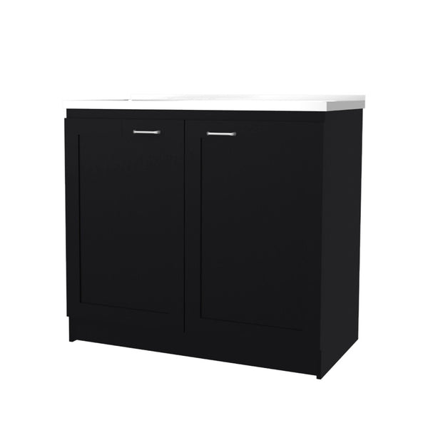 English Elm Fm Furniture Haivana Matte Black Utility Sink Cabinet with Double Doors and Storage Shelf B128S00053
