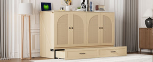 English Elm Queen Murphy Wall Bed with Usb Ports Storage Drawers and Cabinet Style Panel Front Gold N708S00010G-1