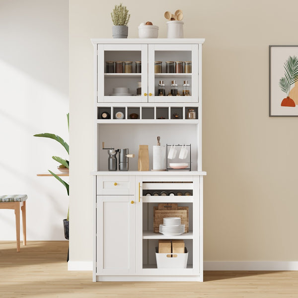 English Elm Topmax Farmhouse Buffet Hutch with Wine Rack Shaker Glass Pantry Cabinet White N717P327043K