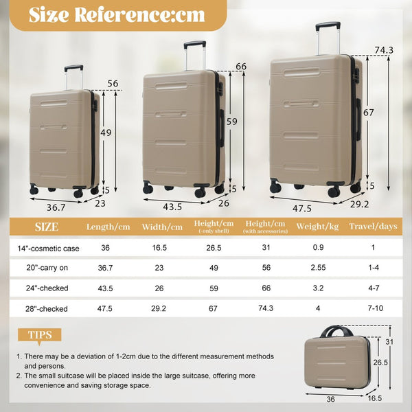 English Elm 6 Piece Hardshell Abs Travel Set with Spinner Wheels Combination Lock and Toiletry Bag Khaki N732P391465K