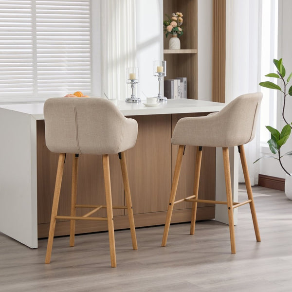 English Elm Modern Linen Upholstered Barstools with Oak Legs Armrests and Footrest for Kitchen Islands Beige W395P396313