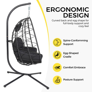 English Elm Hanging Egg Chair with Stand Pe Wicker Ergonomic Swing Seat for Patio or Bedroom T5880P497553