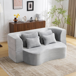 English Elm Queen Plush Floor Sofa Futon with 4 Pillows — Modern Foam Folding Couch Mattress for Living Room Guest Bedroom LIGHT GREY W3612P336072