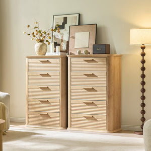 English Elm 6 Drawer Tall Fluted Chest with Waveform Fronts Slim Wooden Storage for Modern Bedroom Oak T5326P425094