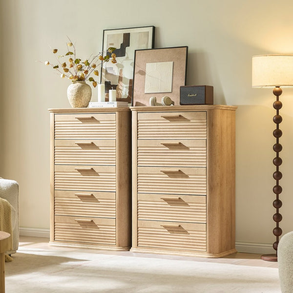 English Elm 6 Drawer Tall Fluted Chest with Waveform Fronts Slim Wooden Storage for Modern Bedroom Oak T5326P425094