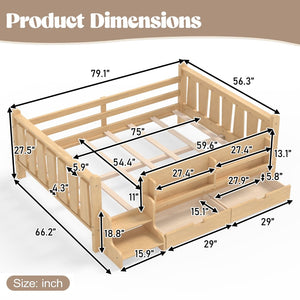 English Elm Twin Kids Platform Bed with Trundle Staircase Bookshelf and Rounded Safety Rails Light Natural W1580S00541