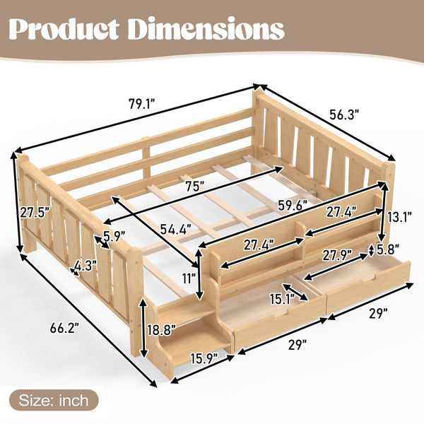 English Elm Twin Kids Platform Bed with Trundle Staircase Bookshelf and Rounded Safety Rails Light Natural W1580S00541