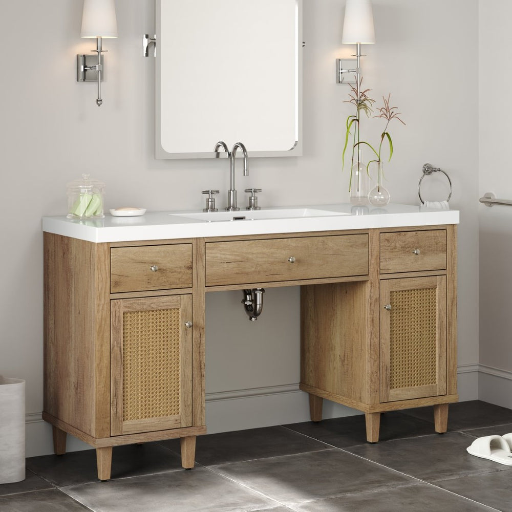 English Elm 60 Inch Double Sink Bathroom Vanity Rattan Pine Legs Soft Close Storage Brown Wood N817P296127N