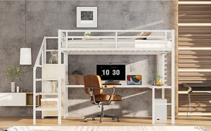 English Elm Queen Size Loft Bed With L-Shaped Desk, Usb Charging & Led Lights - Stylish Storage For All Spaces W1580S00181-GIGA