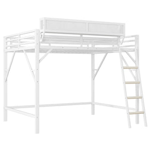 English Elm Queen Size Metal Loft Bed with Ladder and Built-In Storage Shelves, Sturdy High Bed for Teens 99" White W2580P379980