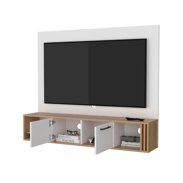 English Elm Lesslie Wall-Mounted Entertainment Center with Cabinets, Cable Management, Open Shelves, Oak/White B128P263721