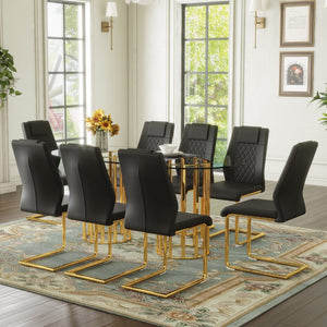 English Elm Table and Chair Set 8 Seater Oval Glass Dining with Glamorous Gold Base Modern Luxe Black+Gold,Transparent W1151S04721