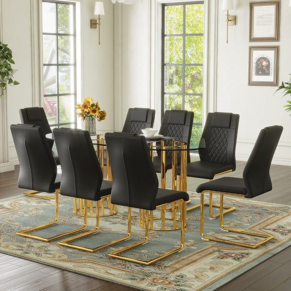 English Elm Table and Chair Set 8 Seater Oval Glass Dining with Glamorous Gold Base Modern Luxe Black+Gold,Transparent W1151S04721