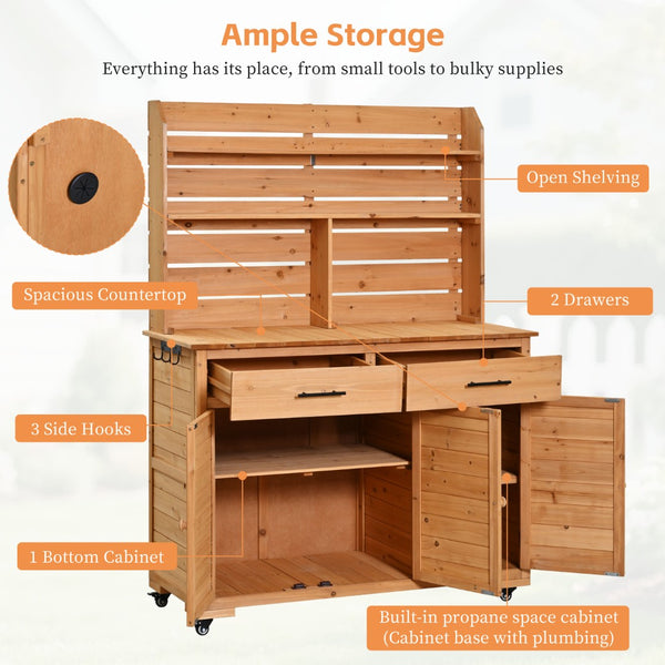 English Elm (assembly Video) Topmax Solid Fir Outdoor Potting Bench Grill Cart with Hutch Storage Natural Wood N717P404333A