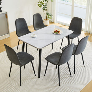 English Elm Table and Chair Set Marble Look Glass Top Modern Dining for Six with Gray Linen Seats W1151S04625