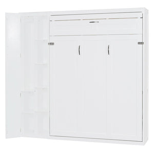 English Elm Full Size Murphy Bed with Open Shelving Wardrobe and Led Lighting for Studio Spaces White LP000898AAK-1