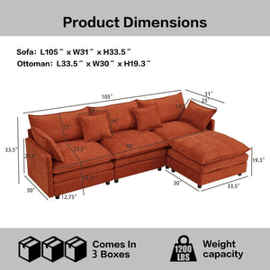 English Elm 105" L-shaped Chenille Sectional with Ottoman Pocket Spring Living Room Sofa Dark Orange W1097S00289