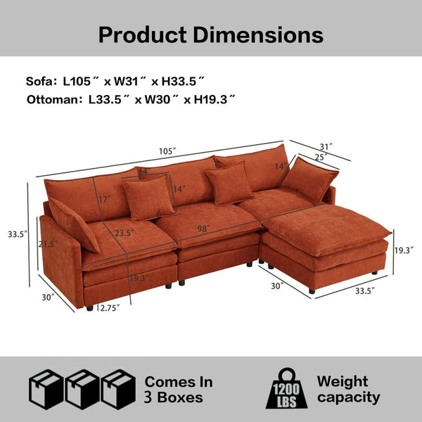 English Elm 105" L-shaped Chenille Sectional with Ottoman Pocket Spring Living Room Sofa Dark Orange W1097S00289