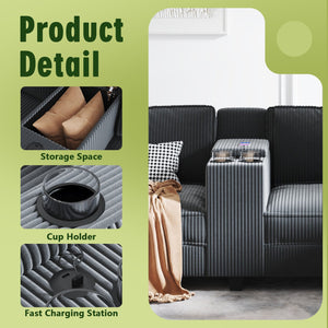 English Elm L-Shaped 6-Seater Corduroy Sofa With Usb Charging, Storage Armrests & Center Console For Modern Living W680S00056