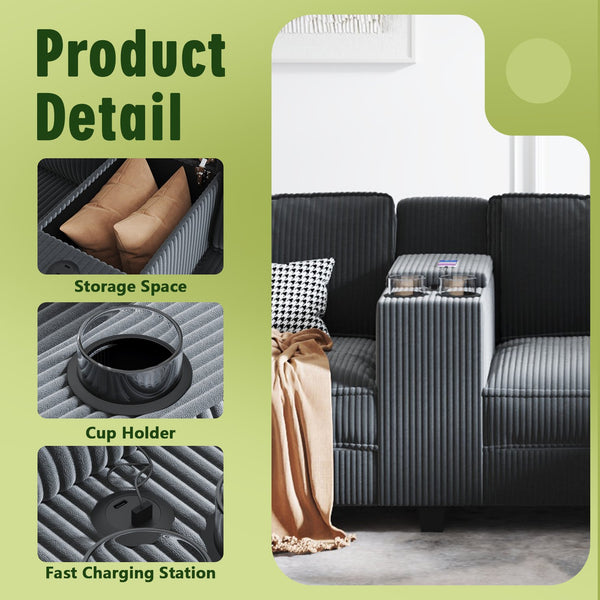 English Elm L-Shaped 6-Seater Corduroy Sofa With Usb Charging, Storage Armrests & Center Console For Modern Living W680S00056