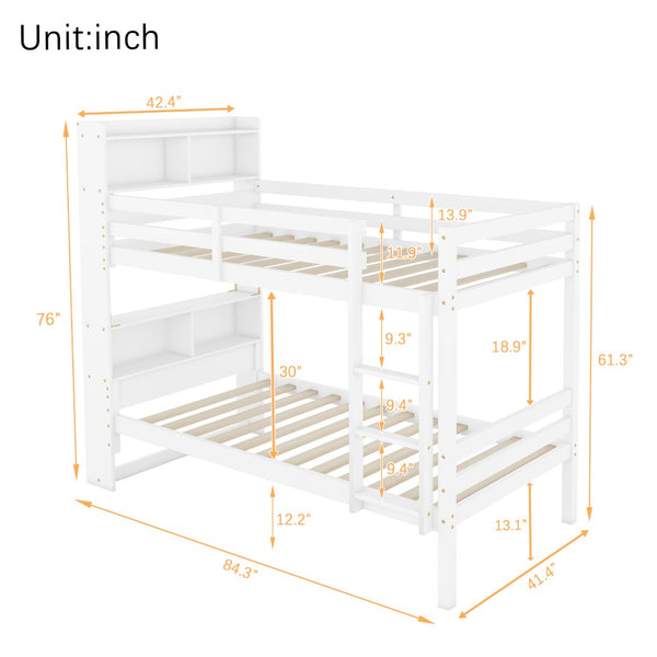 English Elm Twin Over Twin Bunk Bed With Integrated Shelves, Safety Guardrails & Convertible Design, White Finish W504S00214-GIGA