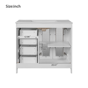 English Elm 36.02-inch white bathroom vanity with ceramic basin, gold round handles, soft-close doors & drawers N729P184710K