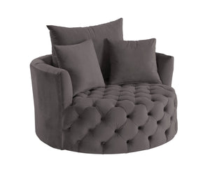 English Elm Zunyas Gray Velvet Swivel Accent Chair with Button Tufting, 360° Comfort, Wooden Frame & 3 Pillows B2726P256294