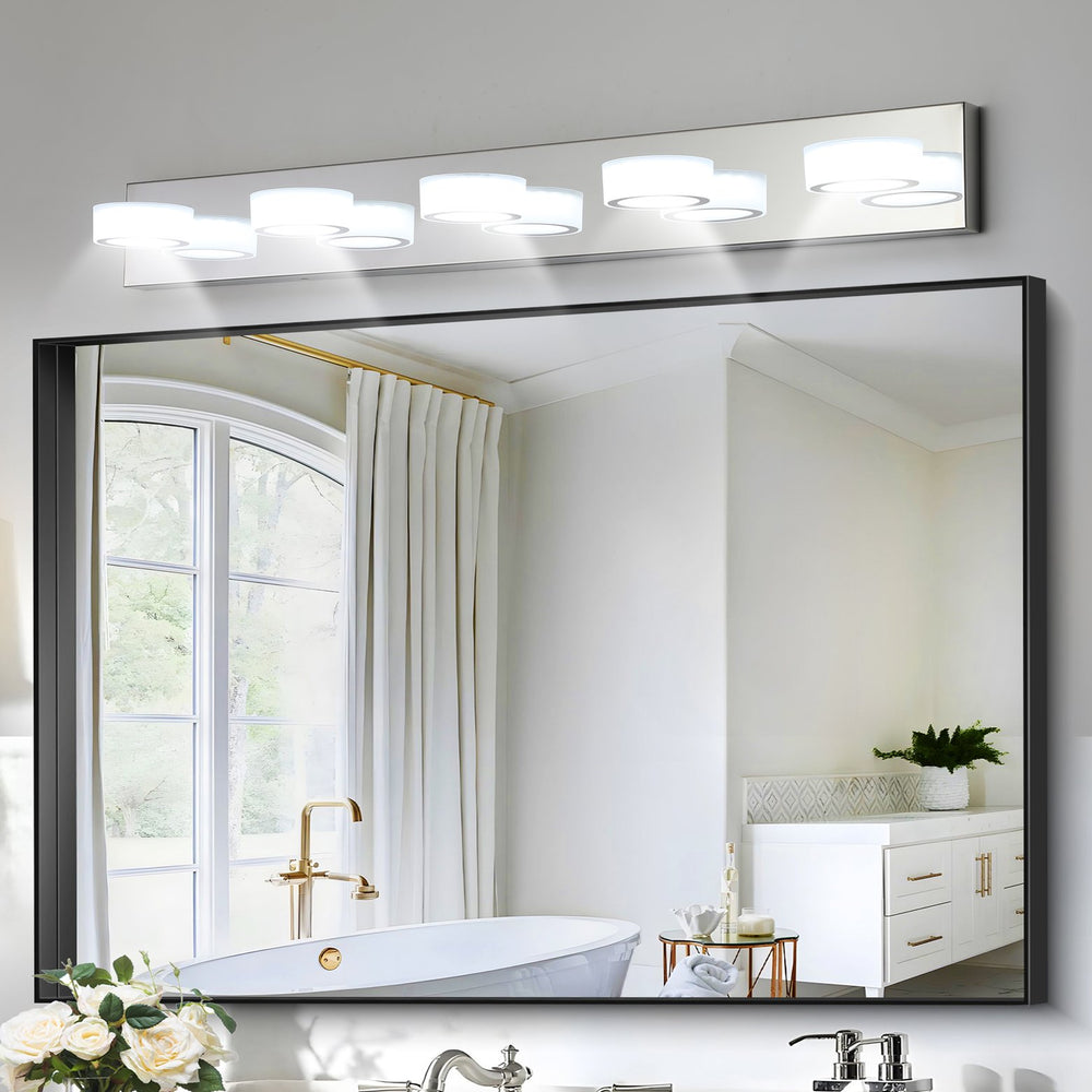 English Elm 37" Modern 5-Light Led Vanity Sconce - Chrome Finish, Dimmable Acrylic Shades For Bright Bathroom Glow W2312P374891