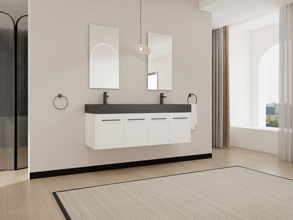 English Elm 60 Inch Wall-Mounted Bathroom Vanity With Double Black Resin Sink & Soft-Close Doors For Style W999S00253