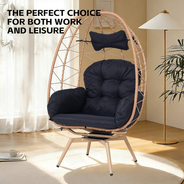 English Elm Oversized Swivel Rattan Egg Chair Hand Woven Wicker Patio Lounge with Plush Cushion T5880P501003