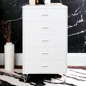 English Elm White 5-Drawer Chest For Modern Storage | Crisp Finish, Polished Chrome Legs & Effortless Access B062P209028-GIGA
