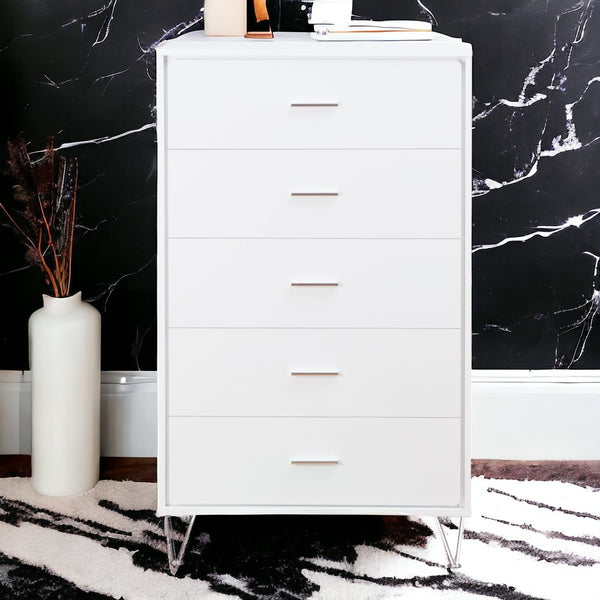 English Elm White 5-Drawer Chest For Modern Storage | Crisp Finish, Polished Chrome Legs & Effortless Access B062P209028-GIGA