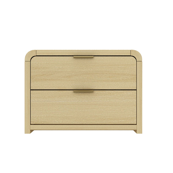English Elm Grace 28" Nightstand Oak & Gold — Modern MDF Bedside Table with 2 Soft-Close Drawers, Glam Handles B365P398190